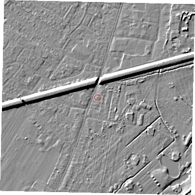 Shaded relief map of the ground around KT124SQ, computed from Environment Agency LiDAR. The ground here sits at about 13 m above sea level and falls 7 m across the surrounding 800 m. Surface water reaching this point runs off ground lying to the west, 5.5 m higher.