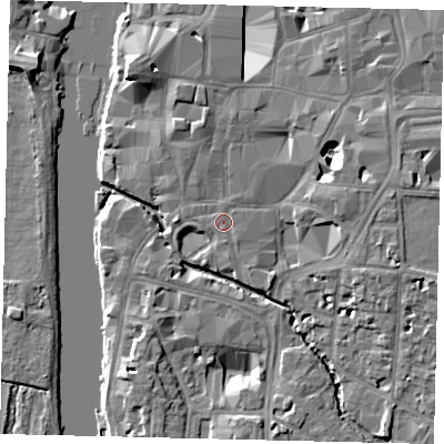 Shaded relief map of the ground around KT12AA, computed from Environment Agency LiDAR. The ground here sits at about 8 m above sea level and falls 10 m across the surrounding 800 m. Surface water reaching this point runs off ground lying to the south-south-east, 0.9 m higher.