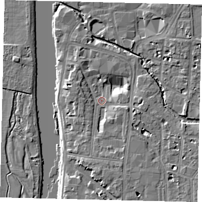 Shaded relief map of the ground around KT12AB, computed from Environment Agency LiDAR. The ground here sits at about 7 m above sea level and falls 7 m across the surrounding 800 m. Surface water reaching this point runs off ground lying to the south-south-east, 6.7 m higher.