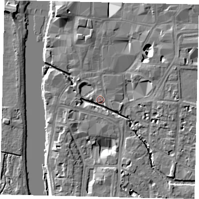 Shaded relief map of the ground around KT12AD, computed from Environment Agency LiDAR. The ground here sits at about 7 m above sea level and falls 10 m across the surrounding 800 m. Surface water reaching this point runs off ground lying to the south-south-east, 8.7 m higher.