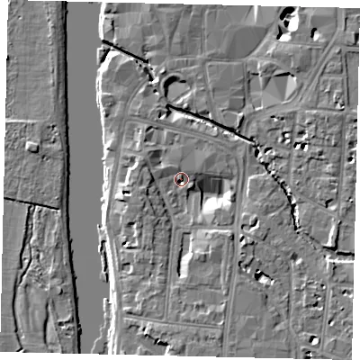 Shaded relief map of the ground around KT12AJ, computed from Environment Agency LiDAR. The ground here sits at about 7 m above sea level and falls 9 m across the surrounding 800 m. Surface water reaching this point runs off ground lying to the south-south-east, 6.7 m higher.