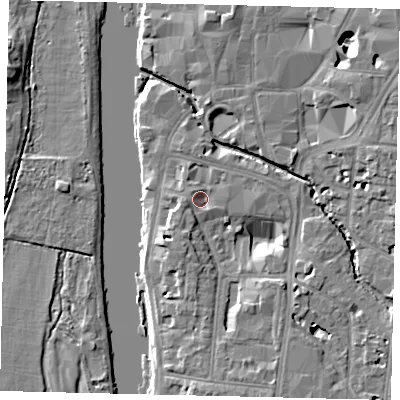 Shaded relief map of the ground around KT12AN, computed from Environment Agency LiDAR. The ground here sits at about 7 m above sea level and falls 9 m across the surrounding 800 m. Surface water reaching this point runs off ground lying to the south-south-west, 1.8 m higher.