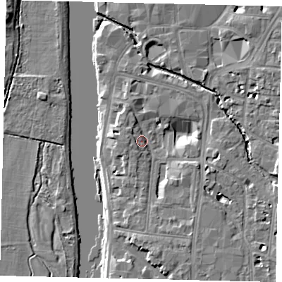Shaded relief map of the ground around KT12AP, computed from Environment Agency LiDAR. The ground here sits at about 8 m above sea level and falls 7 m across the surrounding 800 m. Surface water reaching this point runs off ground lying to the south-south-east, 6.7 m higher.