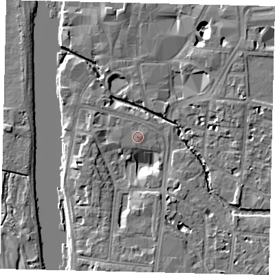 Shaded relief map of the ground around KT12AQ, computed from Environment Agency LiDAR. The ground here sits at about 8 m above sea level and falls 9 m across the surrounding 800 m. Surface water reaching this point runs off ground lying to the east, 0.8 m higher.