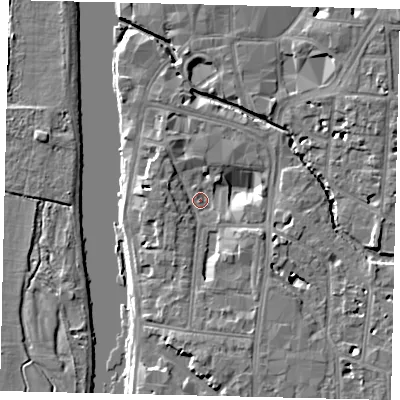 Shaded relief map of the ground around KT12AS, computed from Environment Agency LiDAR. The ground here sits at about 7 m above sea level and falls 7 m across the surrounding 800 m. Surface water reaching this point runs off ground lying to the south-south-east, 6.7 m higher.