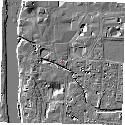 Shaded relief map of the ground around KT12BA, computed from Environment Agency LiDAR. The ground here sits at about 8 m above sea level and falls 10 m across the surrounding 800 m. Surface water reaching this point runs off ground lying to the east, 8.7 m higher.