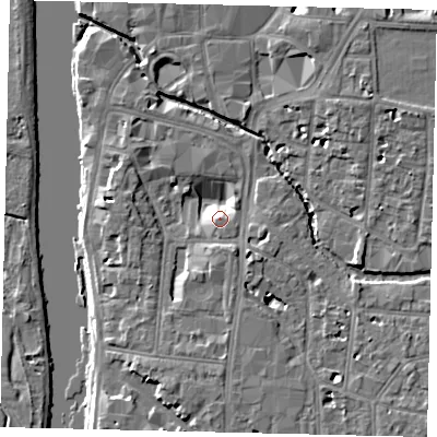 Shaded relief map of the ground around KT12BB, computed from Environment Agency LiDAR. The ground here sits at about 9 m above sea level and falls 8 m across the surrounding 800 m. Surface water reaching this point runs off ground lying to the south-south-east, 5.0 m higher.