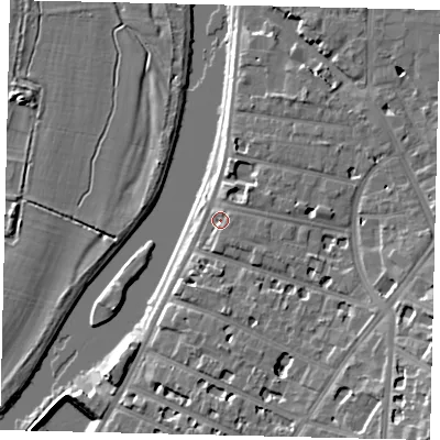Shaded relief map of the ground around KT12BF, computed from Environment Agency LiDAR. The ground here sits at about 10 m above sea level and falls 16 m across the surrounding 800 m. Surface water reaching this point runs off ground lying to the south-south-east, 2.1 m higher.