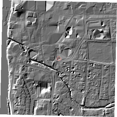 Shaded relief map of the ground around KT12BN, computed from Environment Agency LiDAR. The ground here sits at about 7 m above sea level and falls 10 m across the surrounding 800 m. Surface water reaching this point runs off ground lying to the east, 8.5 m higher.