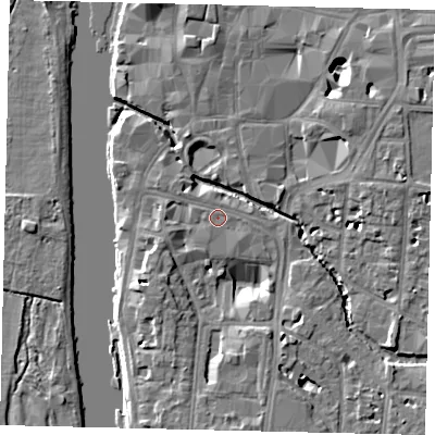 Shaded relief map of the ground around KT12BP, computed from Environment Agency LiDAR. The ground here sits at about 7 m above sea level and falls 9 m across the surrounding 800 m. Surface water reaching this point runs off ground lying to the south-east, 0.8 m higher.