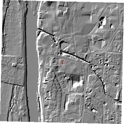 Shaded relief map of the ground around KT12BQ, computed from Environment Agency LiDAR. The ground here sits at about 8 m above sea level and falls 9 m across the surrounding 800 m. Surface water reaching this point runs off ground lying to the west-south-west, 2.0 m higher.