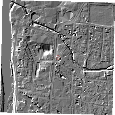 Shaded relief map of the ground around KT12BT, computed from Environment Agency LiDAR. The ground here sits at about 9 m above sea level and falls 8 m across the surrounding 800 m. Surface water reaching this point runs off ground lying to the south-south-west, 2.7 m higher.