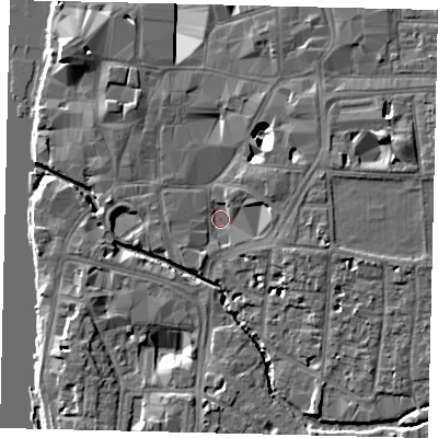 Shaded relief map of the ground around KT12EY, computed from Environment Agency LiDAR. The ground here sits at about 7 m above sea level and falls 10 m across the surrounding 800 m. Surface water reaching this point runs off ground lying to the east-north-east, 8.1 m higher.
