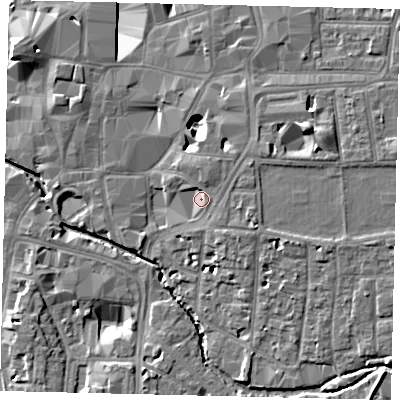 Shaded relief map of the ground around KT12FP, computed from Environment Agency LiDAR. The ground here sits at about 8 m above sea level and falls 10 m across the surrounding 800 m. Surface water reaching this point runs off ground lying to the east-south-east, 1.5 m higher.