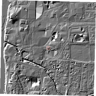 Shaded relief map of the ground around KT12FR, computed from Environment Agency LiDAR. The ground here sits at about 8 m above sea level and falls 10 m across the surrounding 800 m. Surface water reaching this point runs off ground lying to the east-north-east, 8.1 m higher.