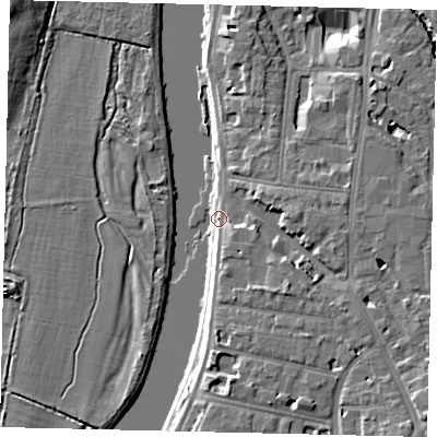 Shaded relief map of the ground around KT12FS, computed from Environment Agency LiDAR. The ground here sits at about 8 m above sea level and falls 9 m across the surrounding 800 m. Surface water reaching this point runs off ground lying to the south-east, 3.4 m higher.