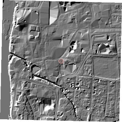 Shaded relief map of the ground around KT12HA, computed from Environment Agency LiDAR. The ground here sits at about 7 m above sea level and falls 10 m across the surrounding 800 m. Surface water reaching this point runs off ground lying to the east, 8.1 m higher.