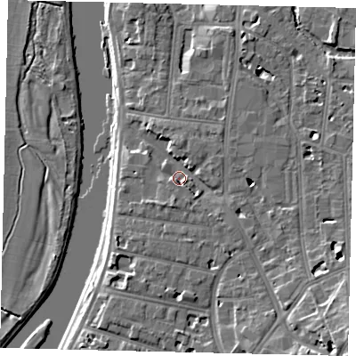 Shaded relief map of the ground around KT12HE, computed from Environment Agency LiDAR. The ground here sits at about 8 m above sea level and falls 13 m across the surrounding 800 m. Surface water reaching this point runs off ground lying to the east-south-east, 4.8 m higher.