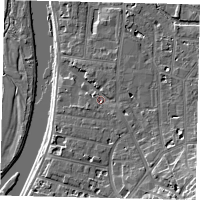 Shaded relief map of the ground around KT12HX, computed from Environment Agency LiDAR. The ground here sits at about 9 m above sea level and falls 17 m across the surrounding 800 m. Surface water reaching this point runs off ground lying to the east-south-east, 4.8 m higher.