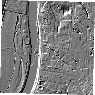 Shaded relief map of the ground around KT12JA, computed from Environment Agency LiDAR. The ground here sits at about 9 m above sea level and falls 9 m across the surrounding 800 m. Surface water reaching this point runs off ground lying to the south-east, 4.8 m higher.