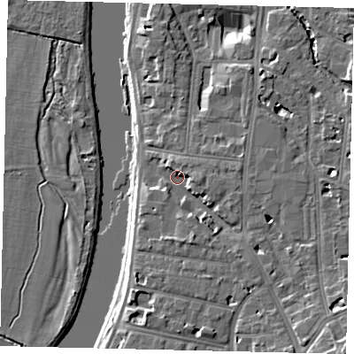 Shaded relief map of the ground around KT12JB, computed from Environment Agency LiDAR. The ground here sits at about 8 m above sea level and falls 11 m across the surrounding 800 m. Surface water reaching this point runs off ground lying to the south-east, 4.8 m higher.
