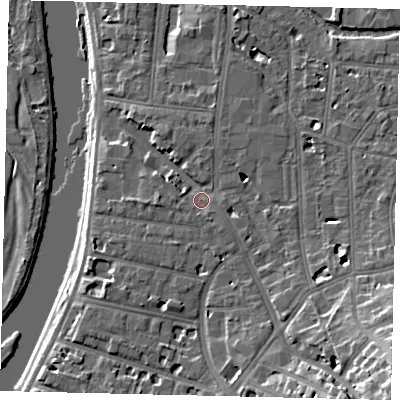 Shaded relief map of the ground around KT12JR, computed from Environment Agency LiDAR. The ground here sits at about 10 m above sea level and falls 20 m across the surrounding 800 m. Surface water reaching this point runs off ground lying to the east-south-east, 4.8 m higher.