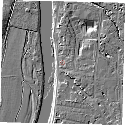 Shaded relief map of the ground around KT12LT, computed from Environment Agency LiDAR. The ground here sits at about 8 m above sea level and falls 8 m across the surrounding 800 m. Surface water reaching this point runs off ground lying to the east-south-east, 2.0 m higher.