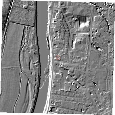Shaded relief map of the ground around KT12LU, computed from Environment Agency LiDAR. The ground here sits at about 8 m above sea level and falls 8 m across the surrounding 800 m. Surface water reaching this point runs off ground lying to the east, 2.1 m higher.
