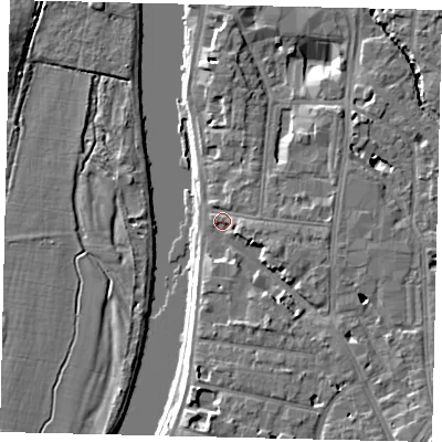 Shaded relief map of the ground around KT12LY, computed from Environment Agency LiDAR. The ground here sits at about 8 m above sea level and falls 9 m across the surrounding 800 m. Surface water reaching this point runs off ground lying to the south-east, 4.8 m higher.