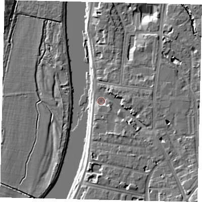 Shaded relief map of the ground around KT12LZ, computed from Environment Agency LiDAR. The ground here sits at about 8 m above sea level and falls 10 m across the surrounding 800 m. Surface water reaching this point runs off ground lying to the east-south-east, 4.8 m higher.