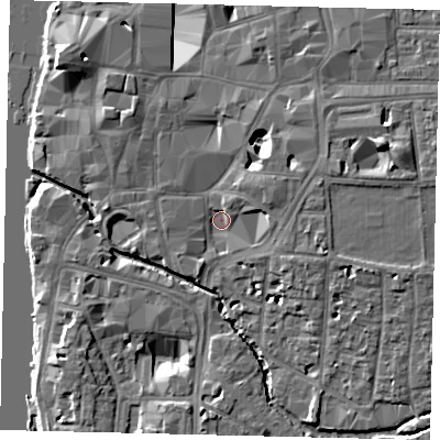 Shaded relief map of the ground around KT12NH, computed from Environment Agency LiDAR. The ground here sits at about 7 m above sea level and falls 10 m across the surrounding 800 m. Surface water reaching this point runs off ground lying to the east-north-east, 8.1 m higher.