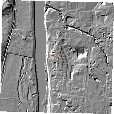 Shaded relief map of the ground around KT12NJ, computed from Environment Agency LiDAR. The ground here sits at about 9 m above sea level and falls 7 m across the surrounding 800 m. Surface water reaching this point runs off ground lying to the north-north-east, 0.6 m higher.
