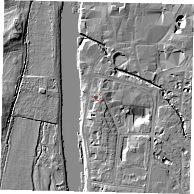 Shaded relief map of the ground around KT12NN, computed from Environment Agency LiDAR. The ground here sits at about 8 m above sea level and falls 9 m across the surrounding 800 m. Surface water reaching this point runs off ground lying to the south-east, 1.9 m higher.