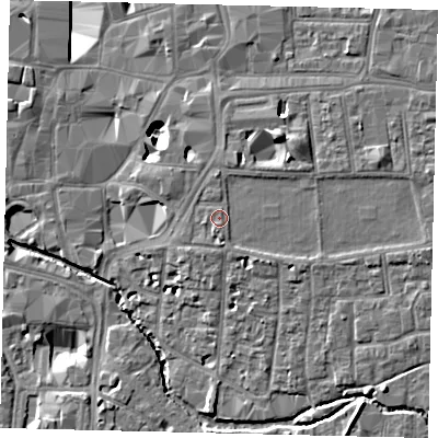Shaded relief map of the ground around KT12NP, computed from Environment Agency LiDAR. The ground here sits at about 9 m above sea level and falls 10 m across the surrounding 800 m. Surface water reaching this point runs off ground lying to the east, 1.6 m higher.