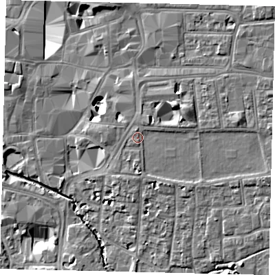 Shaded relief map of the ground around KT12NR, computed from Environment Agency LiDAR. The ground here sits at about 9 m above sea level and falls 10 m across the surrounding 800 m. Surface water reaching this point runs off ground lying to the east-south-east, 1.7 m higher.