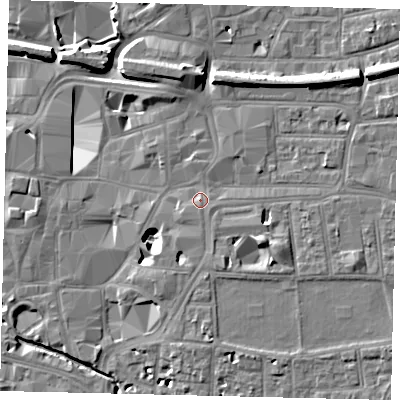 Shaded relief map of the ground around KT12NU, computed from Environment Agency LiDAR. The ground here sits at about 9 m above sea level and falls 11 m across the surrounding 800 m. Surface water reaching this point runs off ground lying to the south-east, 5.4 m higher.