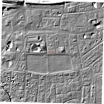 Shaded relief map of the ground around KT12PY, computed from Environment Agency LiDAR. The ground here sits at about 10 m above sea level and falls 11 m across the surrounding 800 m. Surface water reaching this point runs off ground lying to the east-south-east, 0.9 m higher.