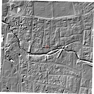 Shaded relief map of the ground around KT12QF, computed from Environment Agency LiDAR. The ground here sits at about 9 m above sea level and falls 8 m across the surrounding 800 m. Surface water reaching this point runs off ground lying to the north-east, 1.4 m higher.