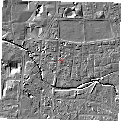 Shaded relief map of the ground around KT12QH, computed from Environment Agency LiDAR. The ground here sits at about 9 m above sea level and falls 10 m across the surrounding 800 m. Surface water reaching this point runs off ground lying to the north-north-east, 2.7 m higher.