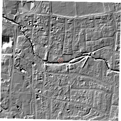 Shaded relief map of the ground around KT12QJ, computed from Environment Agency LiDAR. The ground here sits at about 9 m above sea level and falls 9 m across the surrounding 800 m. Surface water reaching this point runs off ground lying to the south-east, 4.7 m higher.