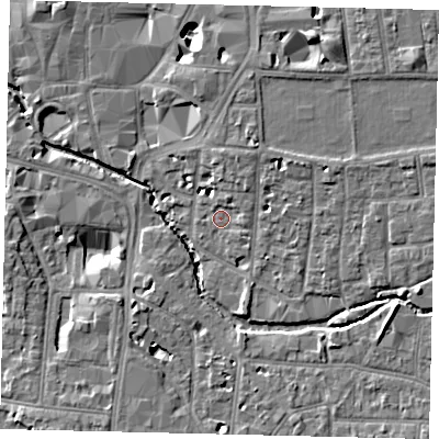 Shaded relief map of the ground around KT12QL, computed from Environment Agency LiDAR. The ground here sits at about 8 m above sea level and falls 10 m across the surrounding 800 m. Surface water reaching this point runs off ground lying to the north-north-east, 2.0 m higher.