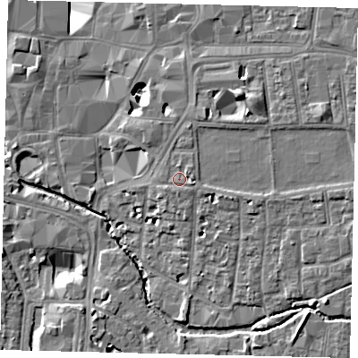 Shaded relief map of the ground around KT12QP, computed from Environment Agency LiDAR. The ground here sits at about 10 m above sea level and falls 10 m across the surrounding 800 m. Surface water reaching this point runs off ground lying to the east-south-east, 1.0 m higher.