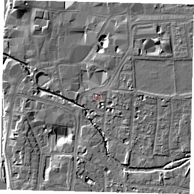 Shaded relief map of the ground around KT12QS, computed from Environment Agency LiDAR. The ground here sits at about 8 m above sea level and falls 10 m across the surrounding 800 m. Surface water reaching this point runs off ground lying to the north-east, 2.0 m higher.