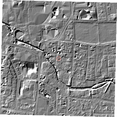 Shaded relief map of the ground around KT12QU, computed from Environment Agency LiDAR. The ground here sits at about 8 m above sea level and falls 10 m across the surrounding 800 m. Surface water reaching this point runs off ground lying to the north-north-east, 4.1 m higher.
