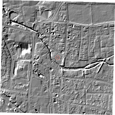 Shaded relief map of the ground around KT12QZ, computed from Environment Agency LiDAR. The ground here sits at about 8 m above sea level and falls 8 m across the surrounding 800 m. Surface water reaching this point runs off ground lying to the south-east, 2.2 m higher.