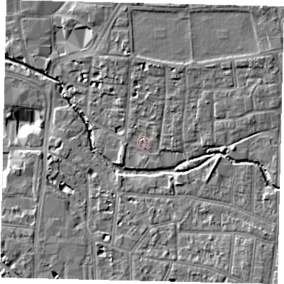 Shaded relief map of the ground around KT12RA, computed from Environment Agency LiDAR. The ground here sits at about 8 m above sea level and falls 8 m across the surrounding 800 m. Surface water reaching this point runs off ground lying to the north-north-east, 2.6 m higher.