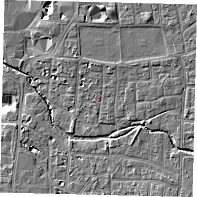 Shaded relief map of the ground around KT12RB, computed from Environment Agency LiDAR. The ground here sits at about 9 m above sea level and falls 10 m across the surrounding 800 m. Surface water reaching this point runs off ground lying to the north, 1.8 m higher.
