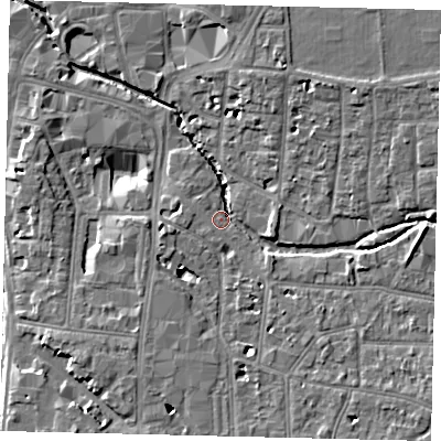 Shaded relief map of the ground around KT12RE, computed from Environment Agency LiDAR. The ground here sits at about 8 m above sea level and falls 8 m across the surrounding 800 m. Surface water reaching this point runs off ground lying to the south-east, 5.5 m higher.