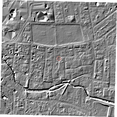 Shaded relief map of the ground around KT12RJ, computed from Environment Agency LiDAR. The ground here sits at about 9 m above sea level and falls 11 m across the surrounding 800 m. Surface water reaching this point runs off ground lying to the east-north-east, 1.4 m higher.