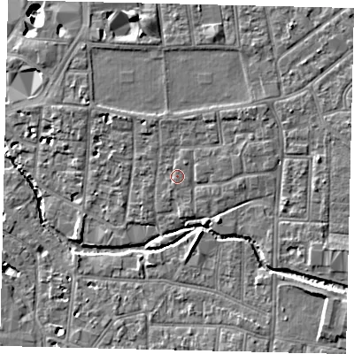 Shaded relief map of the ground around KT12RL, computed from Environment Agency LiDAR. The ground here sits at about 10 m above sea level and falls 11 m across the surrounding 800 m. Surface water reaching this point runs off ground lying to the south-south-west, 0.8 m higher.